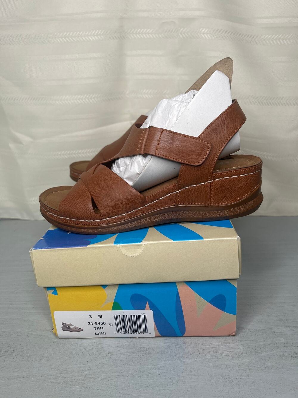 Easy Street Lani Multi-Strap Wedge Sandals Tan Womens Size 8